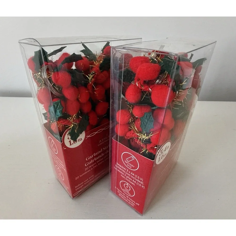 Lot (2) Ashland Christmas Berry Garland String Lights 5.4 Ft LED Battery Timer
